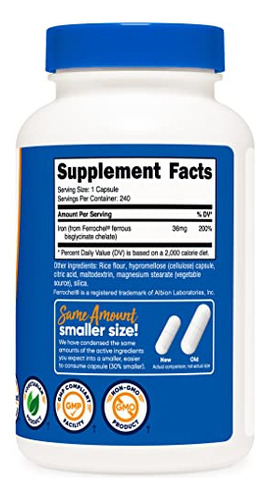 Suplemento De Ferro Nutricost Quelated Iron 36mg 240 Cápsula