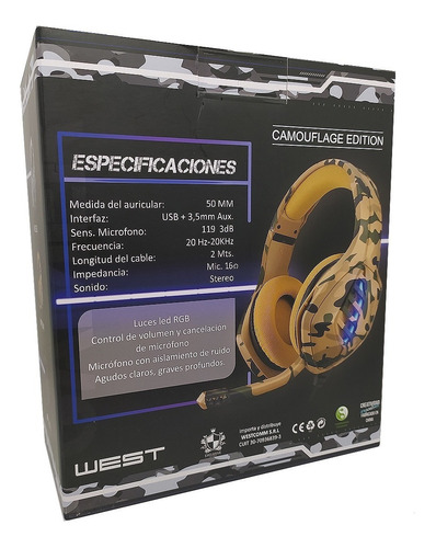 Imagen 2 de 5 de Auriculares Gamer West Camuflado Microfono Led Ps4 Xbox Pc