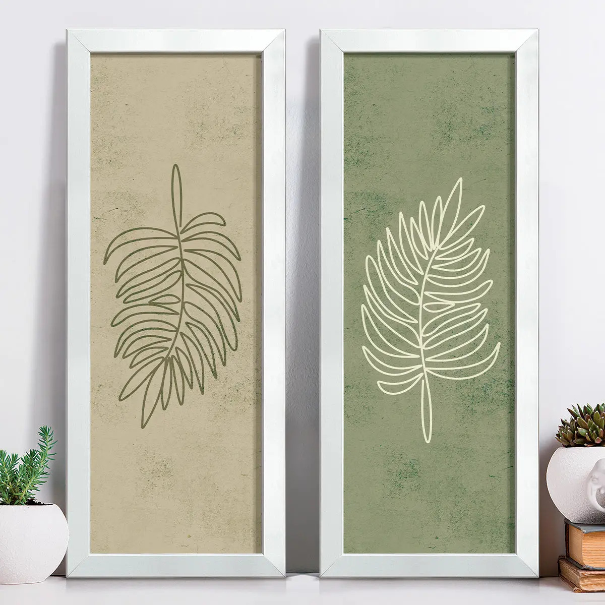 Quadro Decorativo Moldura Lavabo Folhas Minimalista Banheiro Cor Branco