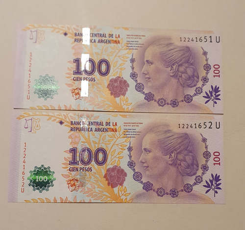 Lote De 2 Billetes De 100 Pesos Evita Serie U Sin Circular