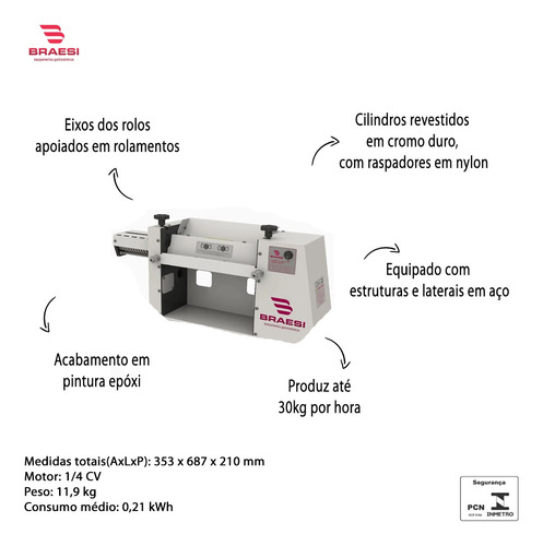 Cilindro Laminador Compacto De Massas Elétrico Aço 30kg/h