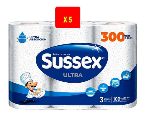 Rollo De Cocina Sussex Premium 3 X 100 Paños X 5 Paquetes