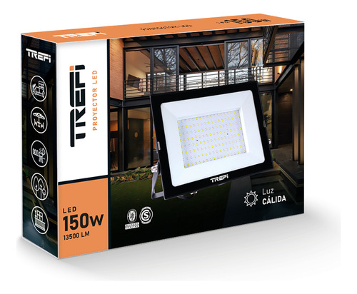 Reflector Led 150w Proyector Exterior Trefi 13500 Lm Ip65 Negro Luz Cálida