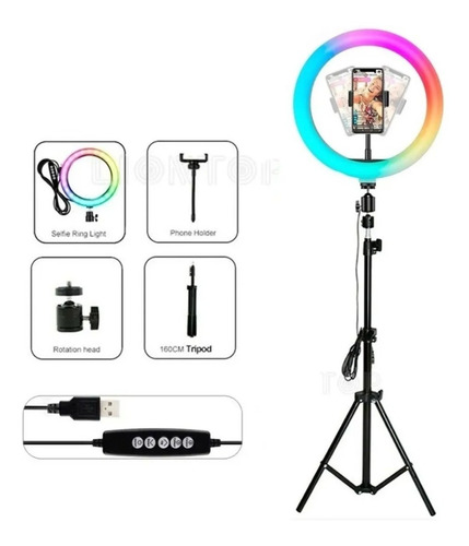Imagen 7 de 8 de Aro Luz Led 33 Cm+ Tripode 2 Metros + Control Rgb Multicolor