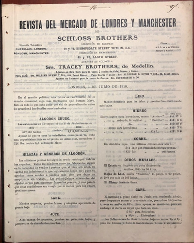 Revista Del Mercado Café Algodón Schloss Brothers 1910