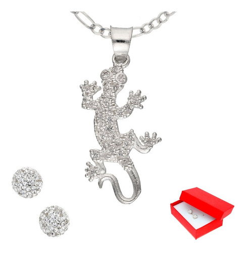 Cadena Y Dije De Lagartija Pavé Juego De Plata + Color Plateado