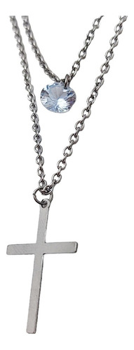 Colar Duplo Feminino Crucifixo Inox Prateado C Pedra Cdl150