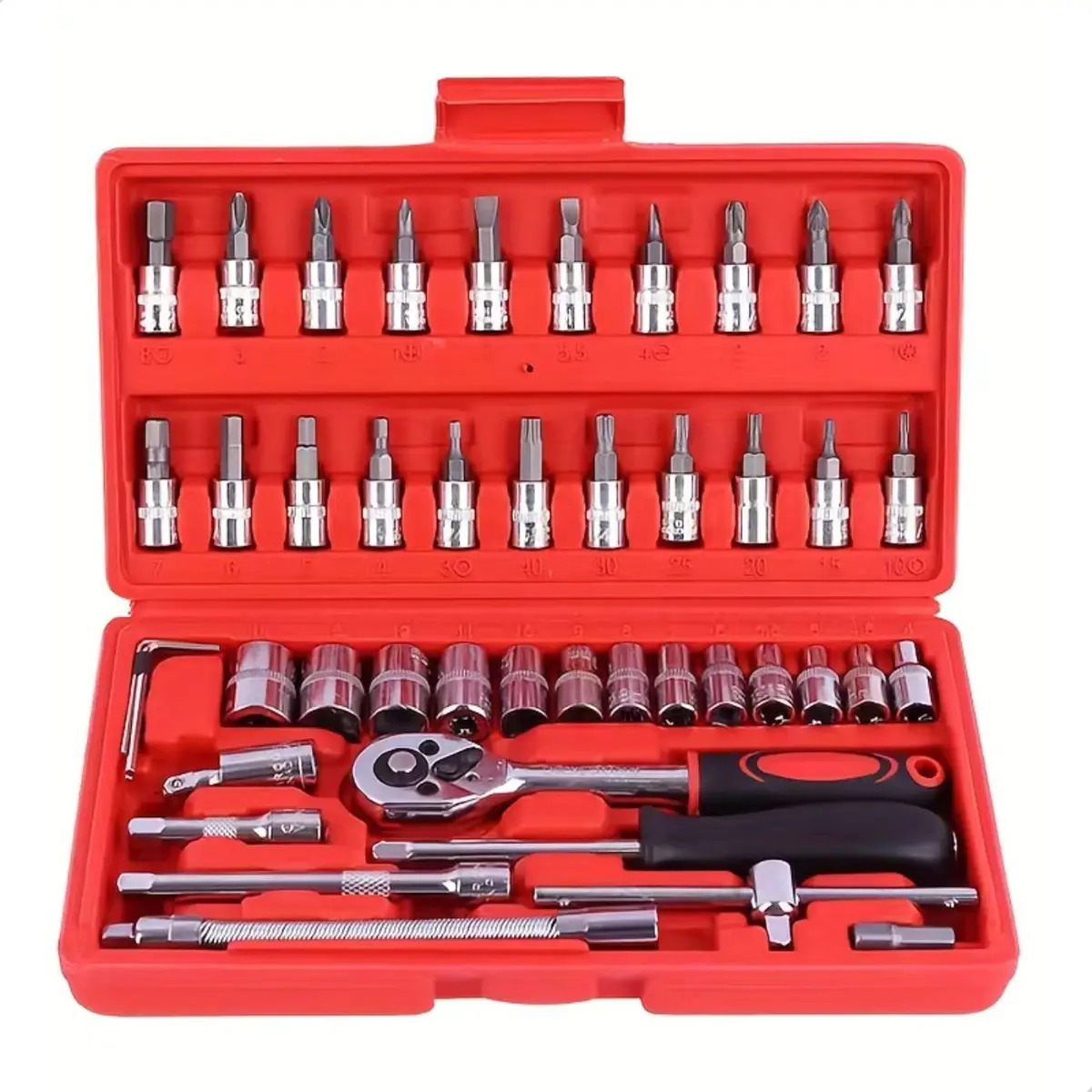 Kit Ferramentas 46 Peças Soquetes Catraca Reversível Maleta Vermelho