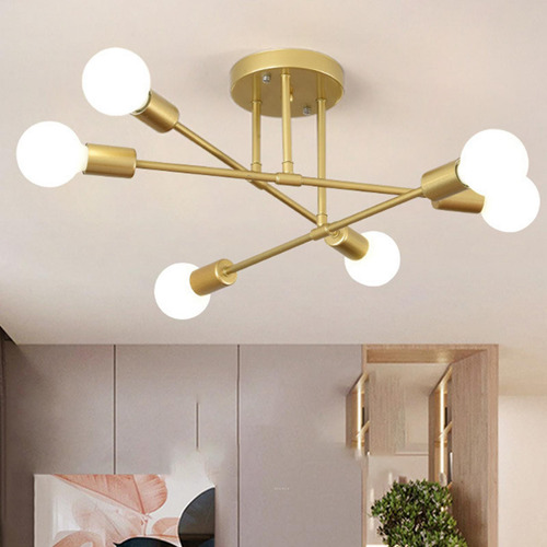 Lámpara De Techo De Hierro Con 6 Candelabros Negro Dorado