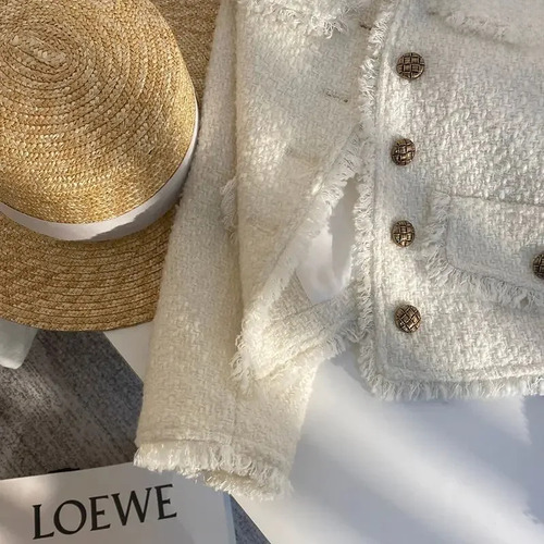 Top Corto Con Cuello En V Para Mujer, Chaqueta De Tweed