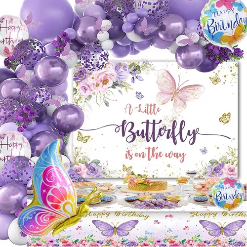 Decoraciones de fiesta de cumpleaños de mariposa para niñas, kit de arco de  guirnalda de globos de mariposa, telón de fondo de feliz cumpleaños