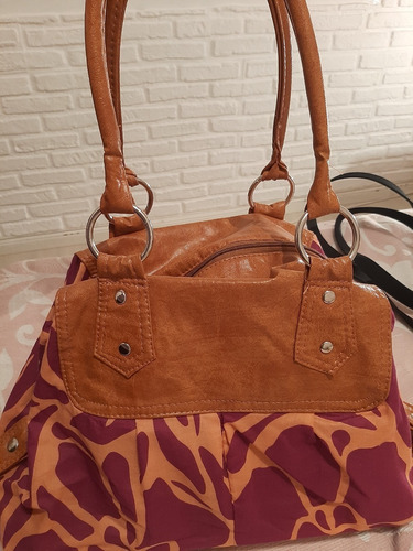 Cartera Bolso Tela Estampada Beige/fucsiay Detalles Viníl 