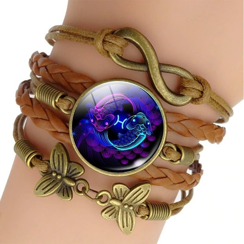 Pulsera Brazalete Manilla Cuero Signos Zodiaco Mujer Hombre