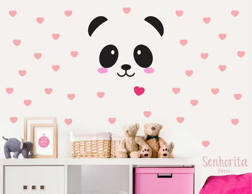 Adesivo De Parede Decoração Panda E Kit Coração Meninas
