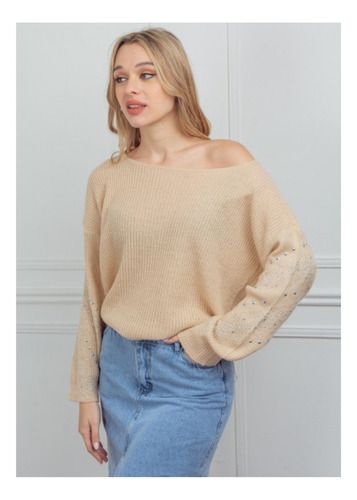 Sweater Lana Mohair Holgado Tachitas En Mangas Cuello Bote