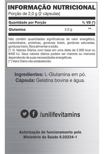 L-glutamine 1000mg - 120 Cápsulas - Unilife