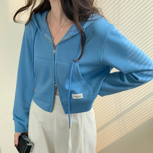 Sudadera Corta Con Capucha Y Cremallera Para Mujer