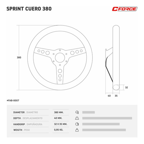 Volante Deportivo Collino Detroit 370 Mm Tapizado Cuero