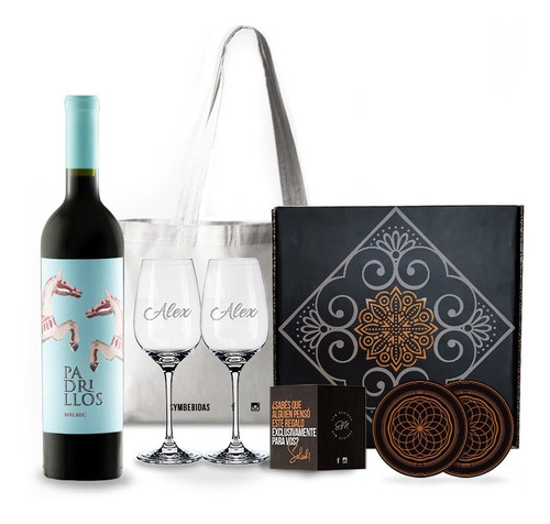 Box Set Vino Padrillos Malbec 2 Copas Transparentes Grabadas