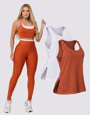Conjunto Bicolor Blackout Legging C/ Bolso E Top + Regata Terracota M