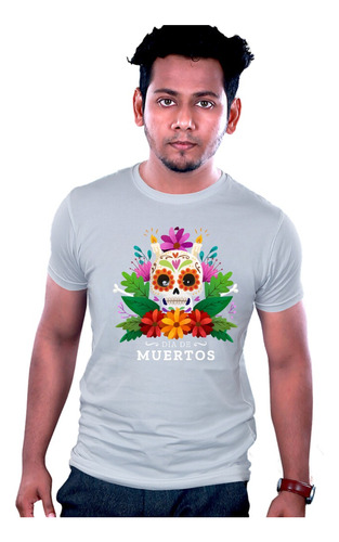 Playera Día De Muertos Personalizada Calavera Flores B/n