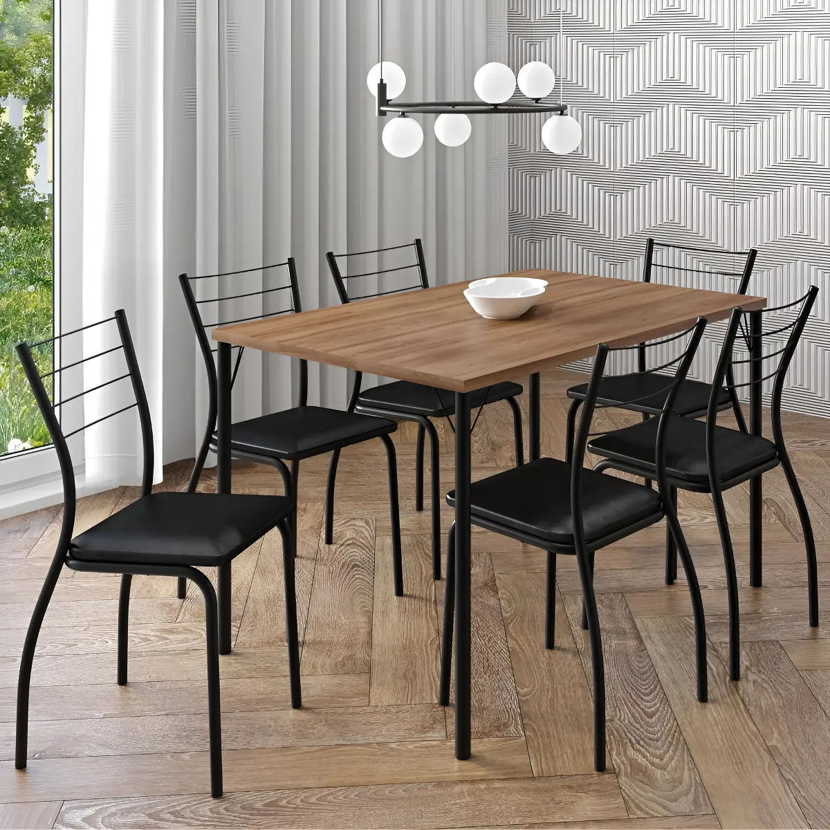 Conjunto sala de jantar Móveis Carraro Carraro Valência com 6 cadeiras desenho liso mesa de - Preto/Marrom
