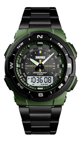 Reloj Hombre Skmei 1370 Acero Sumergible Alarma Cronometro Color De La Malla Negro/verde Militar