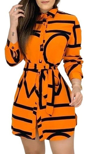 Moda Vestido Naranja Corto Con Cinturón Y Mangas Larga