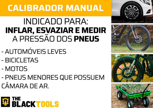 Calibrador E Inflador De Pneus Pneumático Com Manômetro 1/4 Npt 16bar 220 Libras Btbp1000 The Black Tools + 2 Mangueiras Espirais 5M