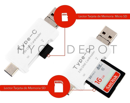 Imagen 6 de 10 de Kit Adaptador Usb C 3 En 1 - Lector De Memoria Sd - Otg