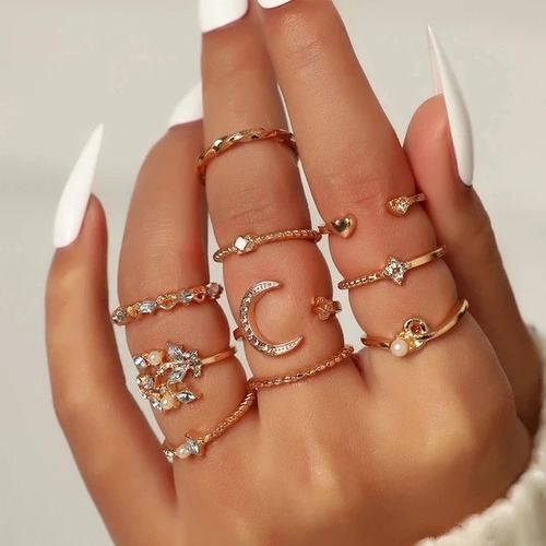Set Conjunto Anillos Luna Y Perlas Dorado