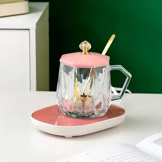 Taza Eléctrica De Cerámica Con Calentador Portátil Cristal Color Rosa