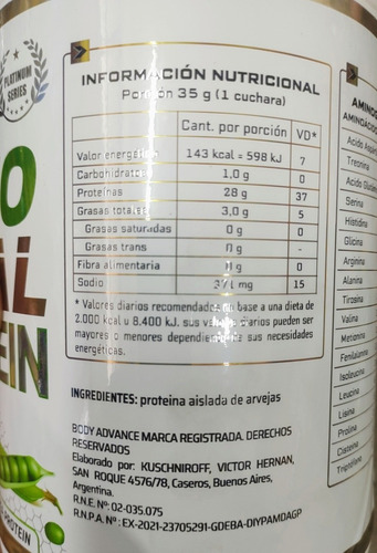 Imagen 7 de 7 de Proteína Vegana Aislada De Arveja Body Advance. Plant-based