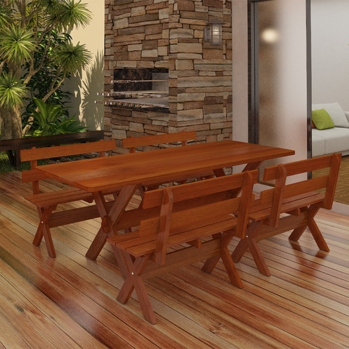 Mesa Para Churrasco Com Bancos, Cadeiras Madeira Maciça 2,5m Cor Cerejeira Desenho Do Tecido Das Cadeiras Não