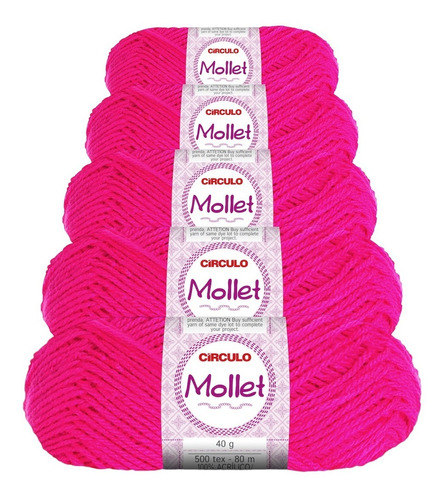 5 Novelos Lã Mollet 40g Crochê / Tricô - Círculo Cor 0385 - Pink