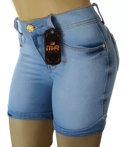 Kit 02 Shorts Jeans Cintura Alta Meia Coxa Lycra Roupas Femininas Hot Pants  Modelagem Levanta Bumbum