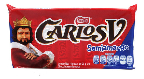 CARLOS V CHOCOLATE SUIZO SEMIAMARGO 16 PIEZAS De 20 GR