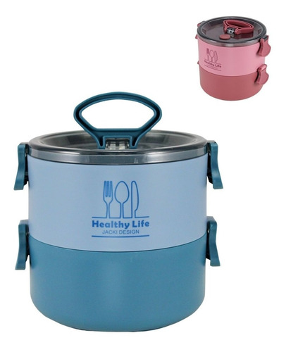 Imagem 1 de 6 de Marmita De Plástico 1400 Ml 2 Andares Com Garfo Livre De Bpa