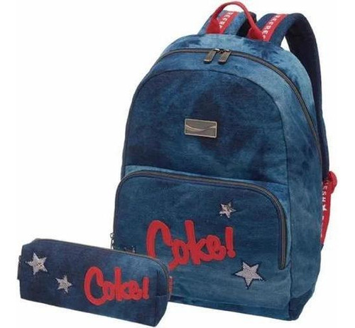 Mochila Coca Cola Costas Jeans Juvenil Casual Com Estojo