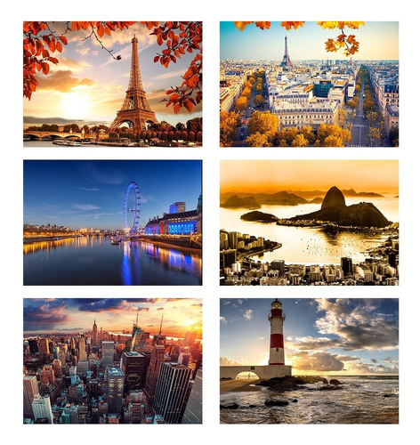 Kit 6 Quadros Placas Decorativas Paisagens Turísticos