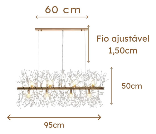 Lustre Cristal Dente De Leão Retangular 95cm 12 Bocais