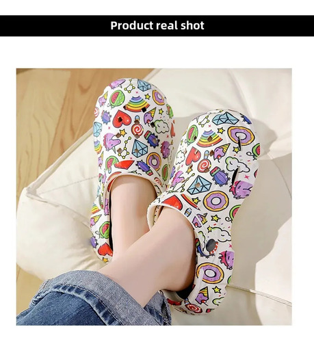 Zapatillas Con Agujero Para Mujer Cartoon Doodle, Estilo Cor