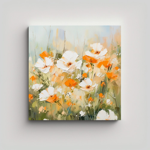 40x40cm Cuadro Vanguardia Detalle A Flores Blancas Y Naranja