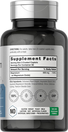 Horbaach Magnesio 500 Mg Con 180 Tabletas Huesos Fuertes Sabor Sin Sabor