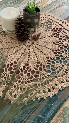 Carpeta Al Crochet Camino De Mesa Circular Romántico Beige