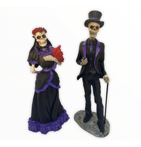 Imagem Exu E Pomba Gira Caveira Casal Roxo Resina 25 Cm