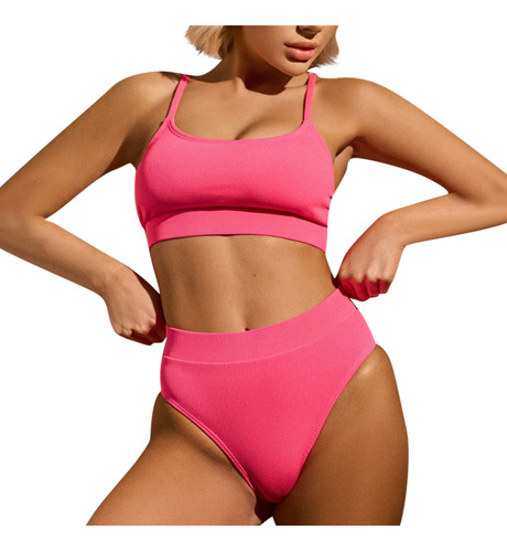 Bikini De Cintura Alta A Rayas Pequeñas Para Mujer, Traje De