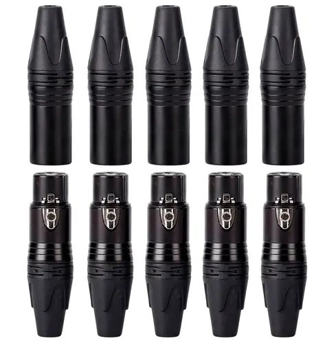 Kit 10 Conector Plug Xlr Canon Cannon 5 Macho 5 Fêmea 3 Pinos Balanceado Metálico Preto Para Soldar Profissional Mesa De Som Áudio Estúdio Banda Cabo De Microfone - Eletrolon