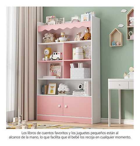 Librero De Madera Moderno Para Niños Con 4 Pisos Y 2 Puertas Rosa