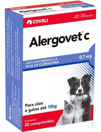 Alergovet C 0,7mg 20 Comp Para Gato Cachorro Ate 15kg Coveli